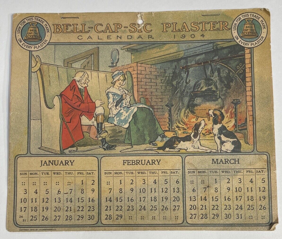 Antique 1904 Bell -Cap -Sic Plasters -Flip Up Calendar January-September