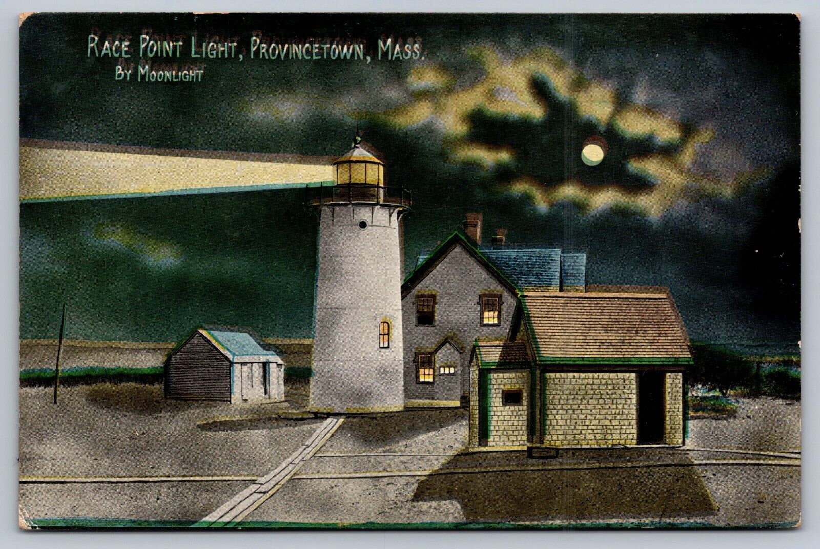 c1910 postcard PROVINCETOWN MASSACHUSETTS RACE POINT LIGHT NIGHT VIEW CAPE COD