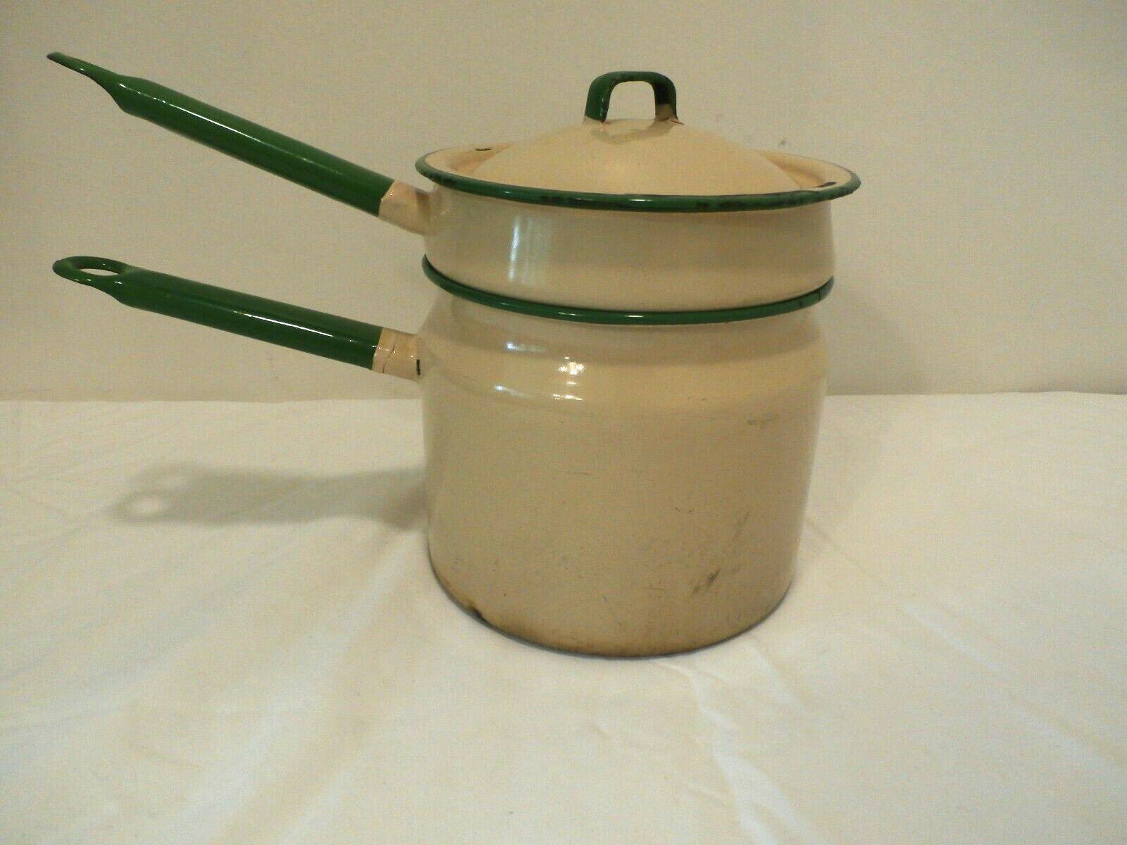 Vintage Green and Cream Enamelware Double Boiler Stains & Rust