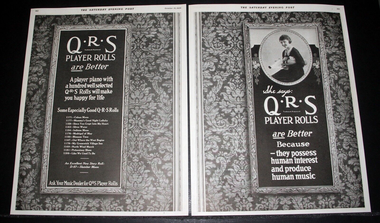 1920 OLD MAGAZINE PRINT AD, Q-R-S PLAYER PIANO ROLLS ARE BETTER, HUMAN INTEREST