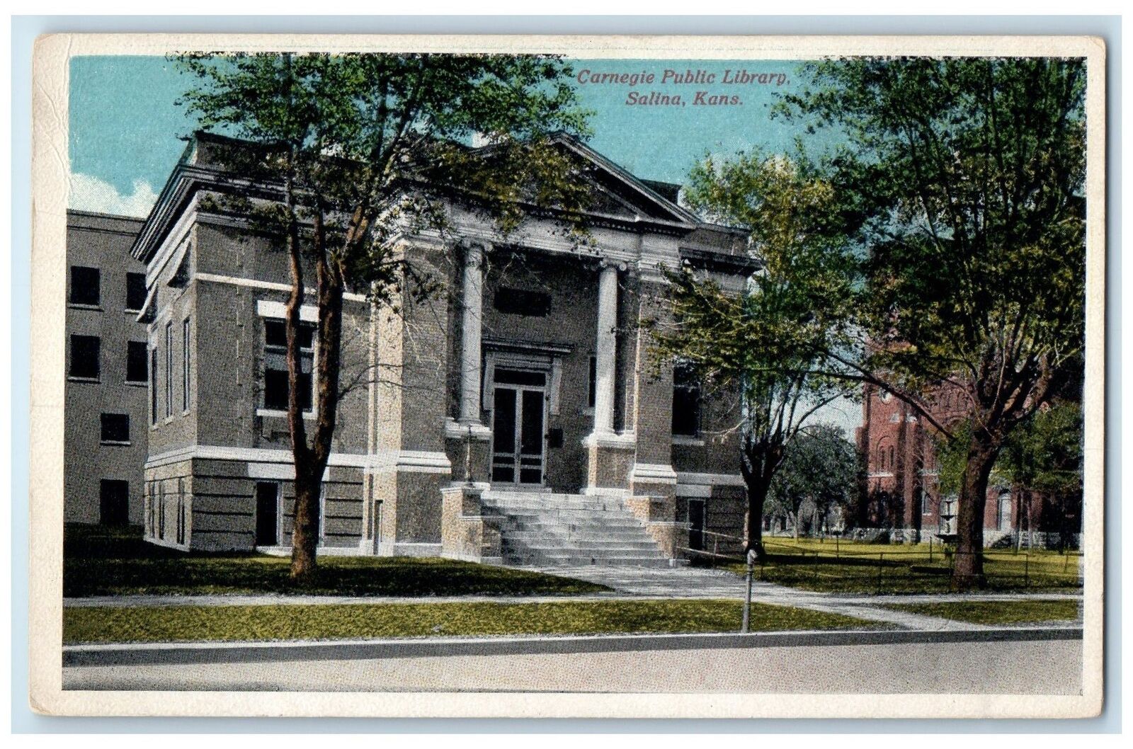 c1920 Carnegie Public Library Exterior Roadside Salinas Kansas KS Trees Postcard