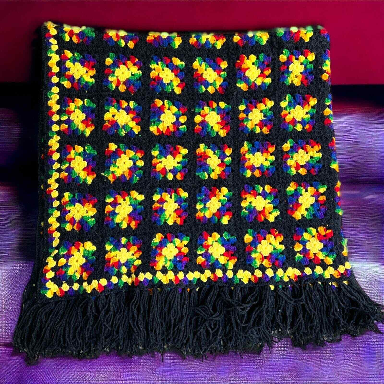 Vintage Crochet Black Rainbow Granny Square Fringe Afghan Throw Blanket 62 X 58