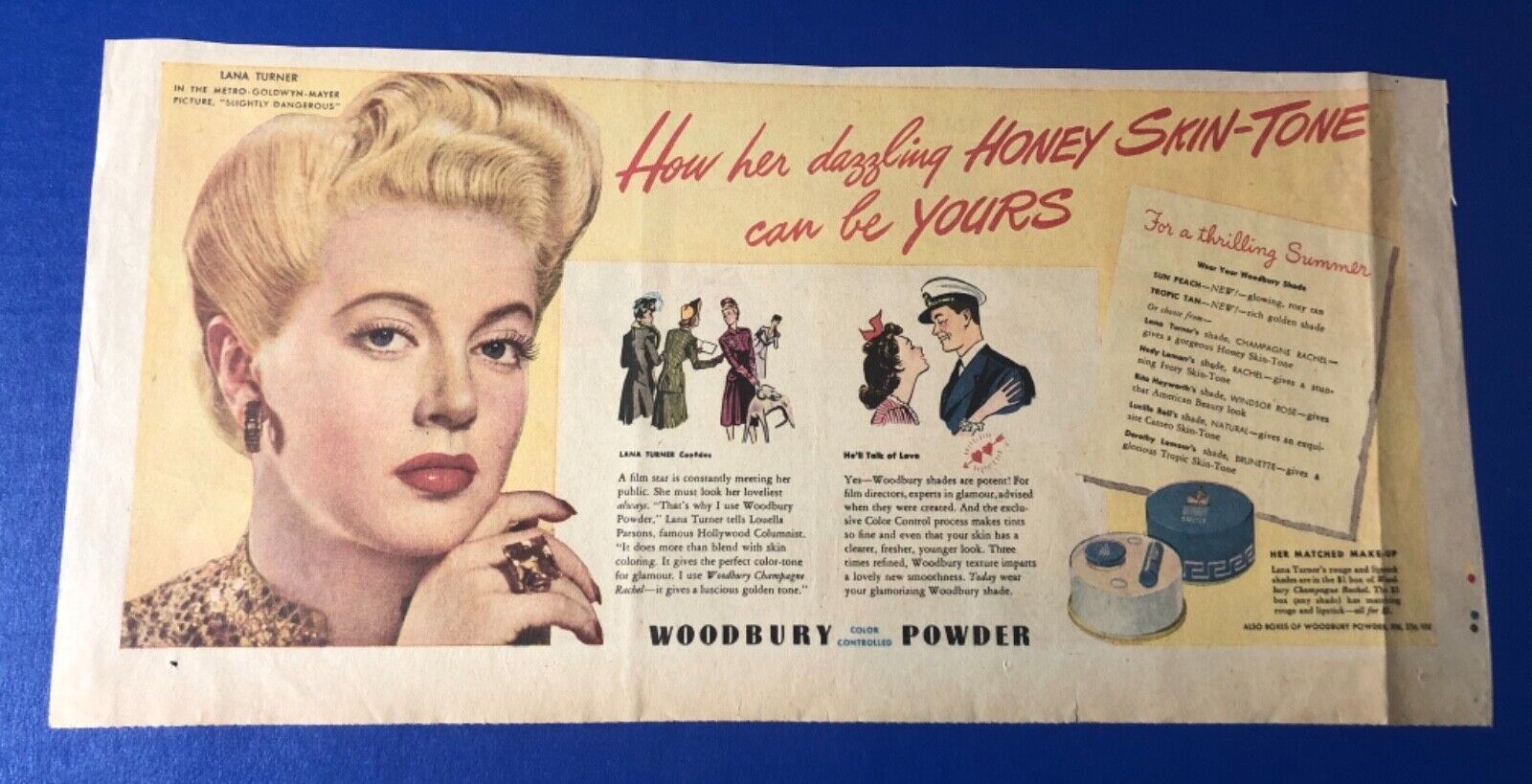 1943 Lana Turner “Slightly Dangerous” Woodbury face Powder Print ad 15.5x7.5”