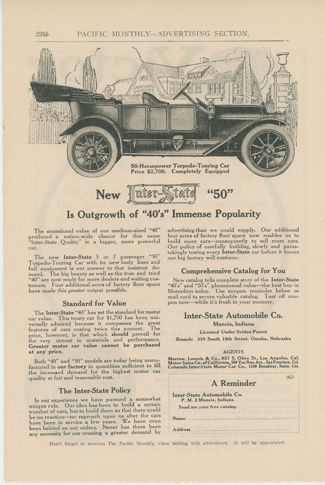 1911 Inter-State Automobile Ad Model 50 Torpedo Touring Car Vintage Auto