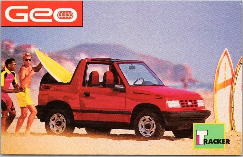 c1980s GEO TRACKER Auto Advertising Postcard Chevy / Red Car Beach Scene Unused