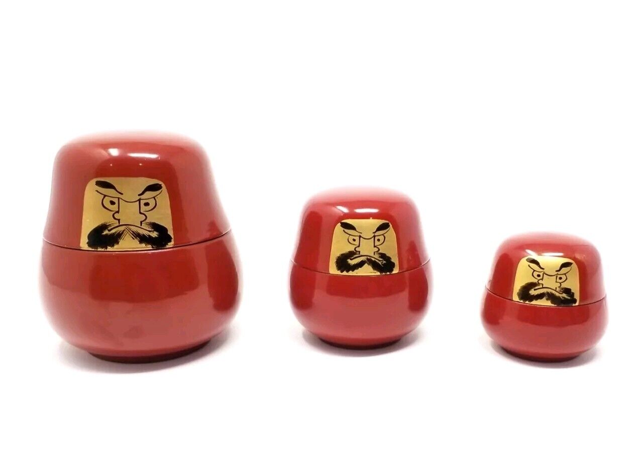 Vintage Japanese Sake Red Gold Lacquered Wood Stacked Set of 3 - Moustache Man