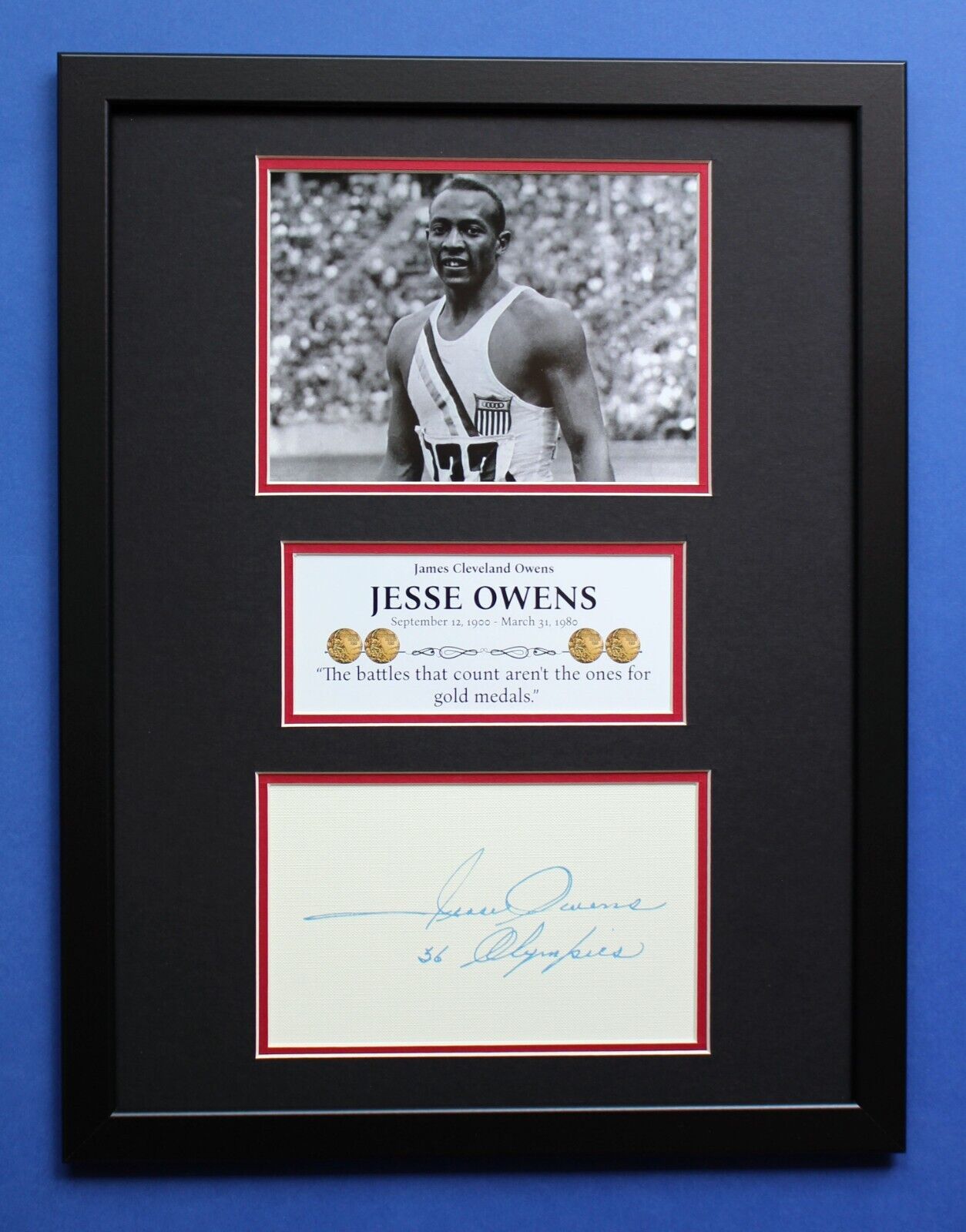 JESSE OWENS AUTOGRAPH framed artistic display Four Gold Medals 1936 Berlin