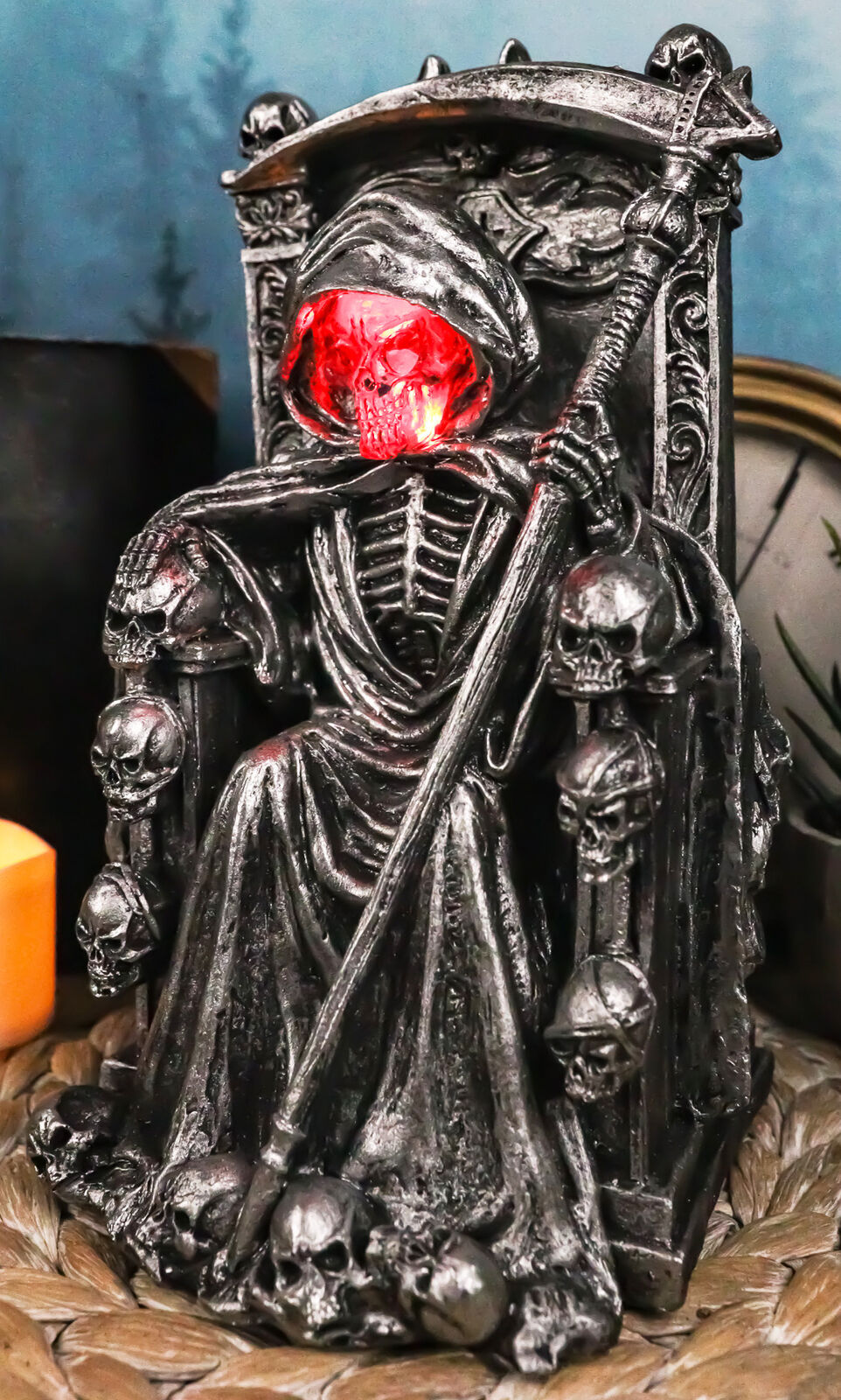 Dark Lord Grim Reaper Skeleton On Throne With LED Light Ghastly Face Figurine