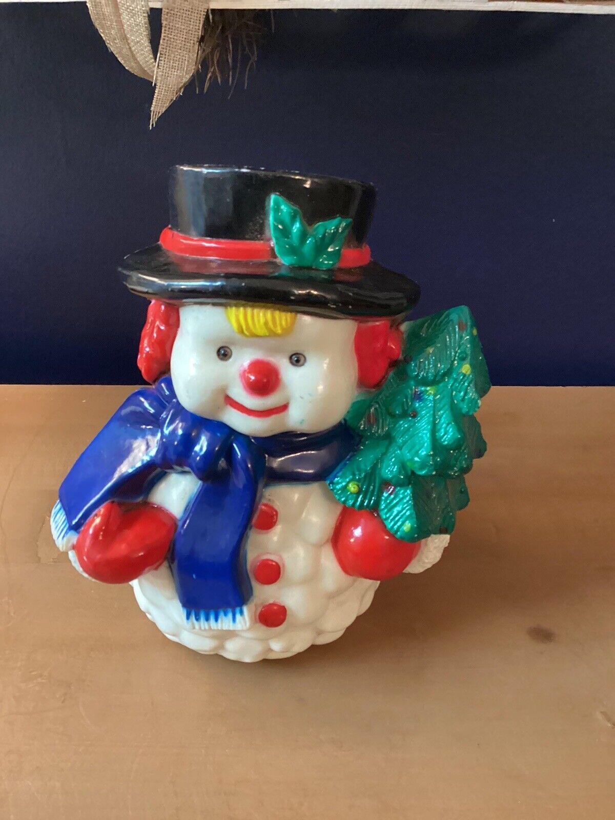 Vintage Plastic Snowman Blow Mold Top Hat Christmas Tree Blue Scarf Lighted 7.5\
