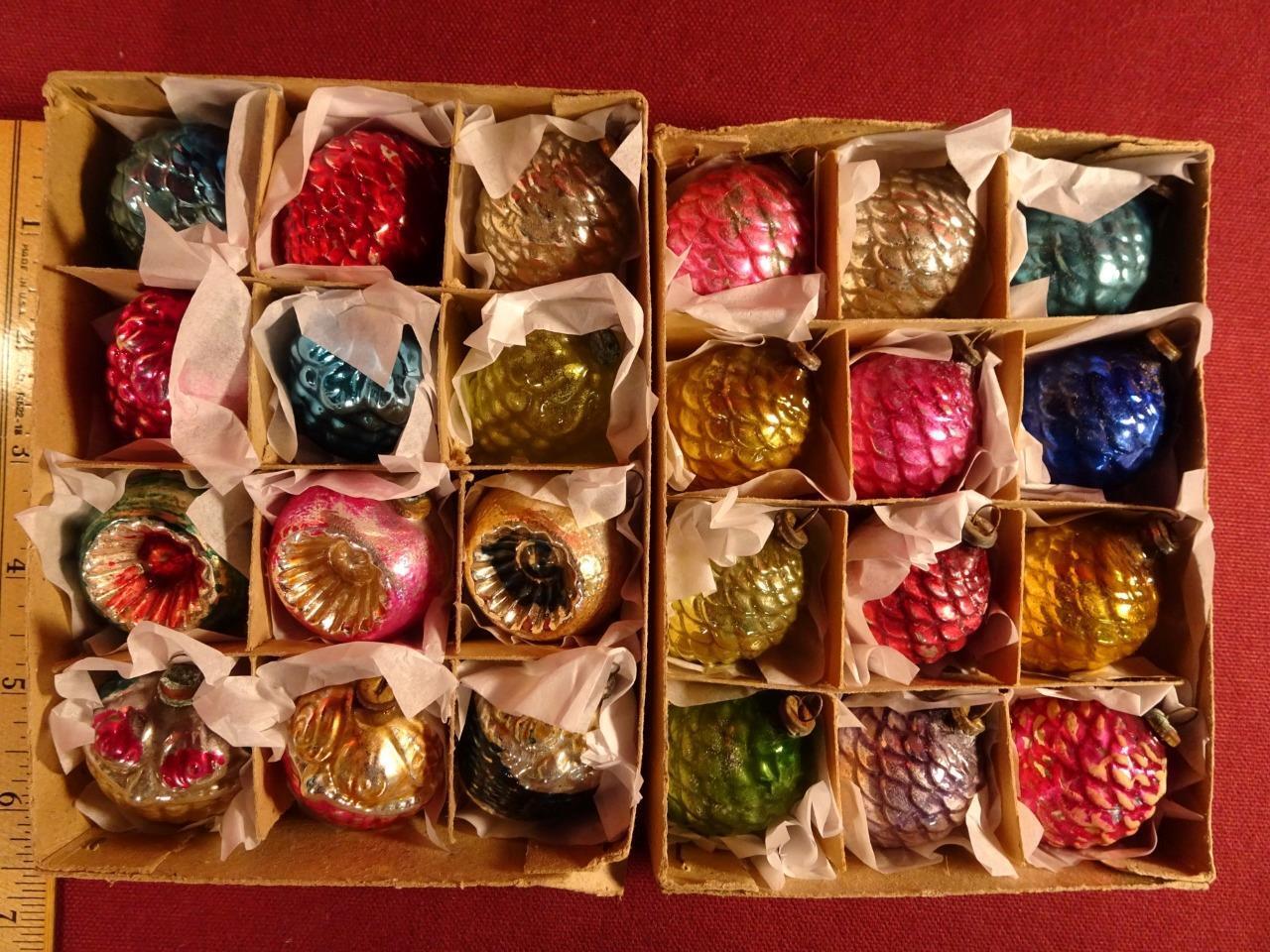 24 VINTAGE MERCURY GLASS FEATHER TREE CHRISTMAS ORNAMENTS PINE CONES INDENTS