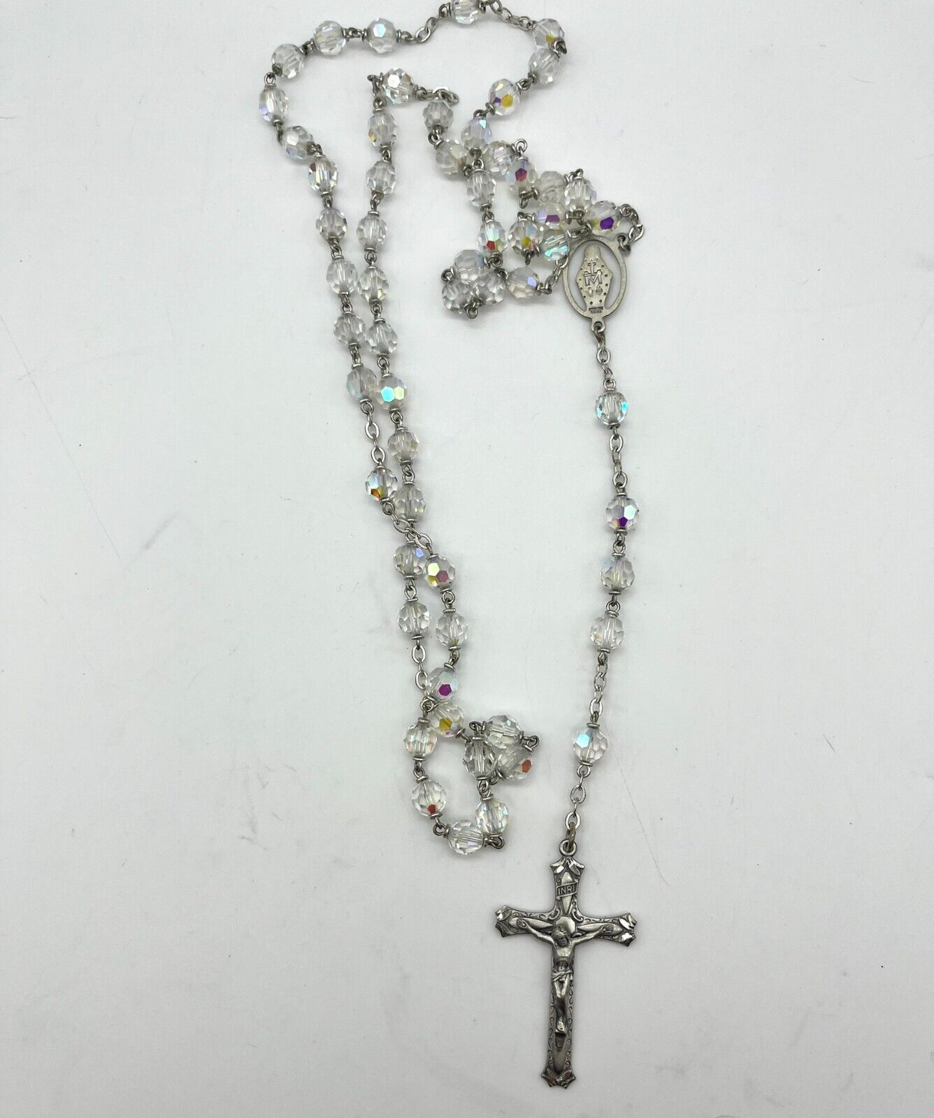 Vintage Chapel Sterling Silver Crystal Beads Crucifix Cross Mary Rosary Necklace