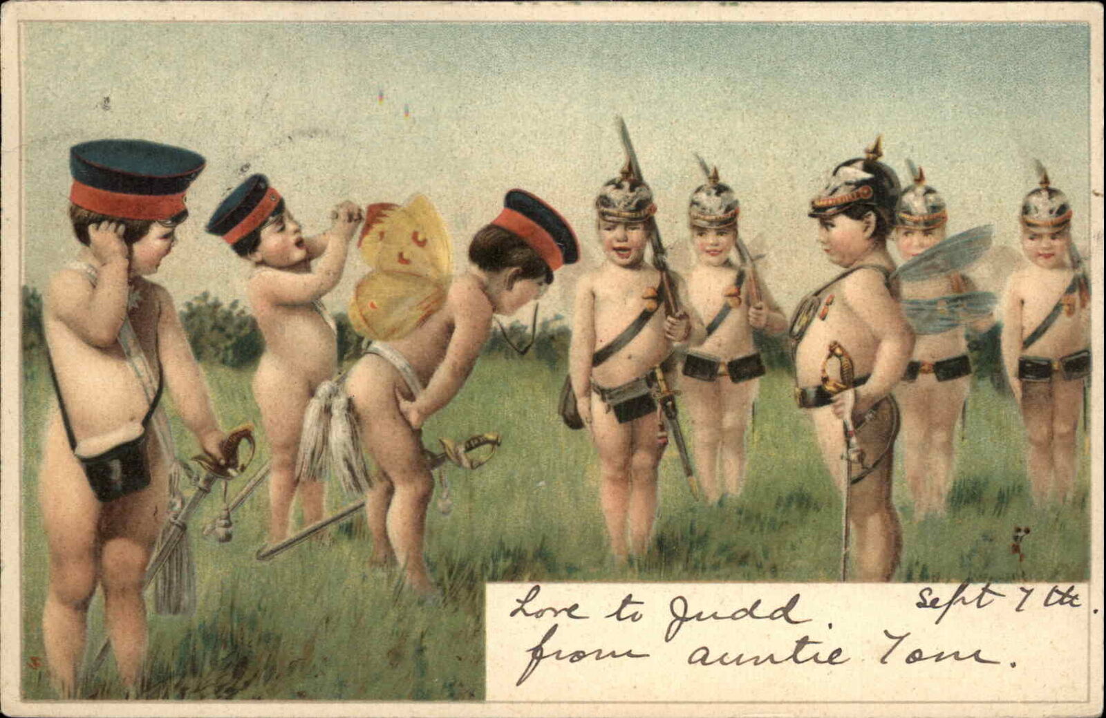 French German Naked Baby Fairy Soldiers Franco Prussian War Satire c1900 PC