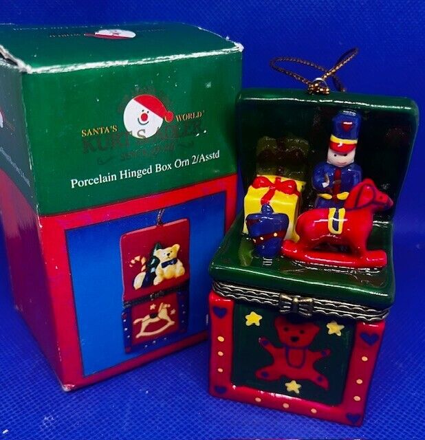 Kurt Adler Porcelain Toy Box Toys & Rocking Horse Hinged Trinket Box Ornament