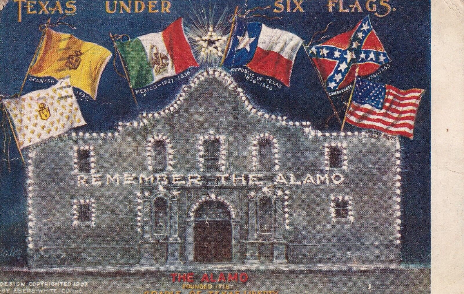 VINTAGE OILETTE TUCK\'S The Alamo Texas under Six Flags Postcard 1909 POSTMARKED