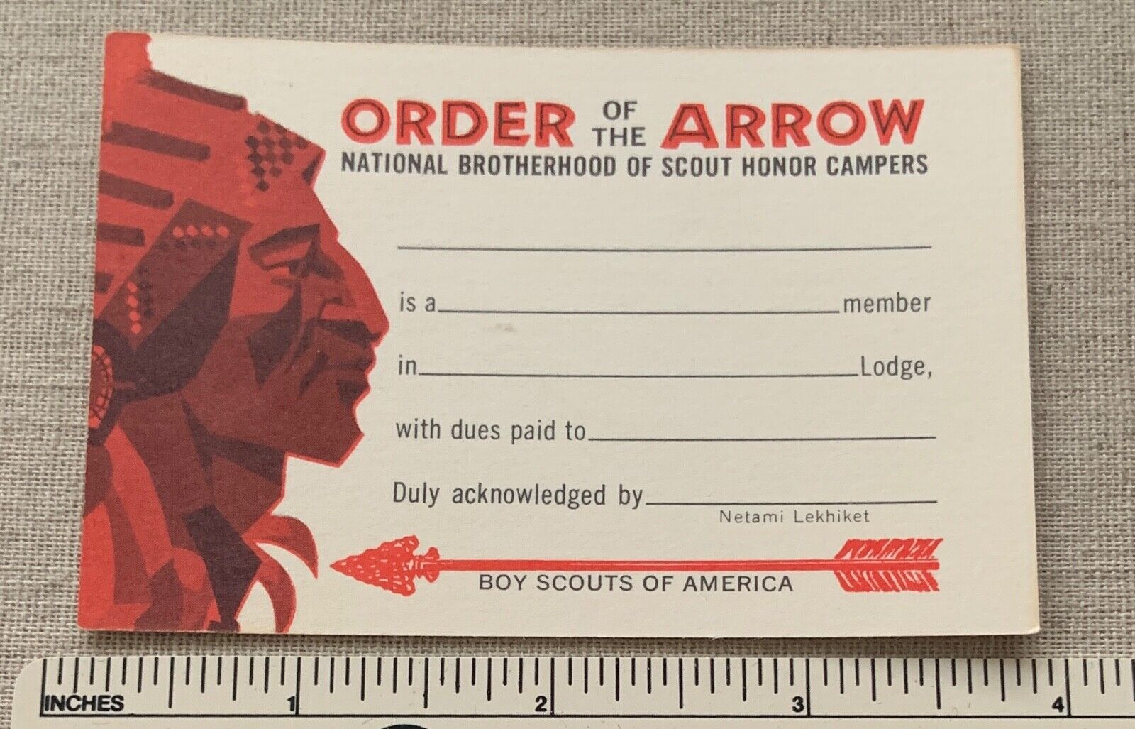 NOS Vintage 1960s OA ORDER OF THE ARROW Lodge MEMBERSHIP CARD WWW - BLANK