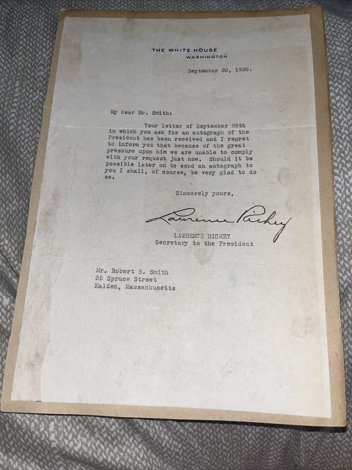 1930 Letter from White House: President Herbert Hoover Autograph Rejection