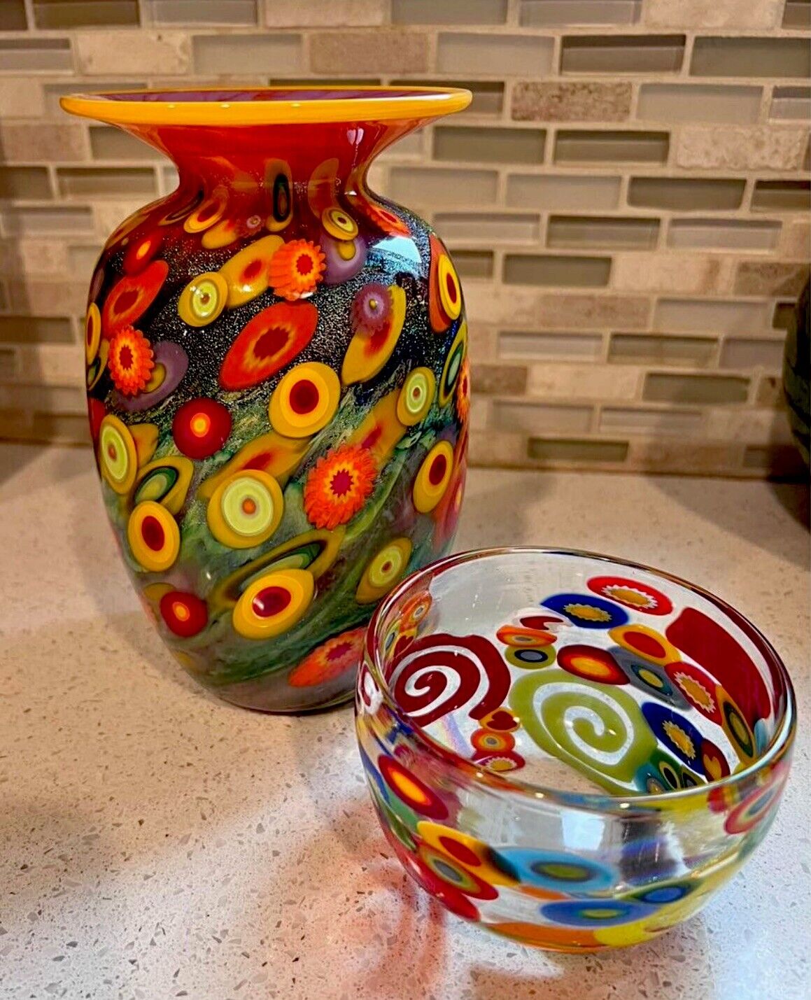 2 Pc Mad Art Studio Hand Blown Glass Vase Millefiori Colorful Mixture Signed
