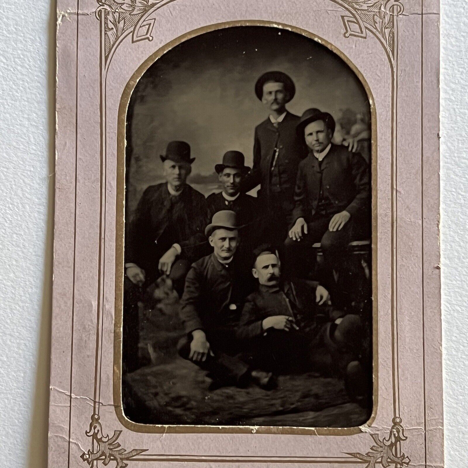 Antique Tintype Photograph Handsome Group Of Men Affectionate Bowler Hats
