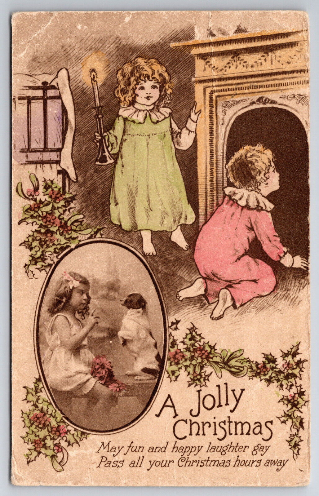 Vintage A Jolly Christmas Postcard Children Waiting by the Chimney