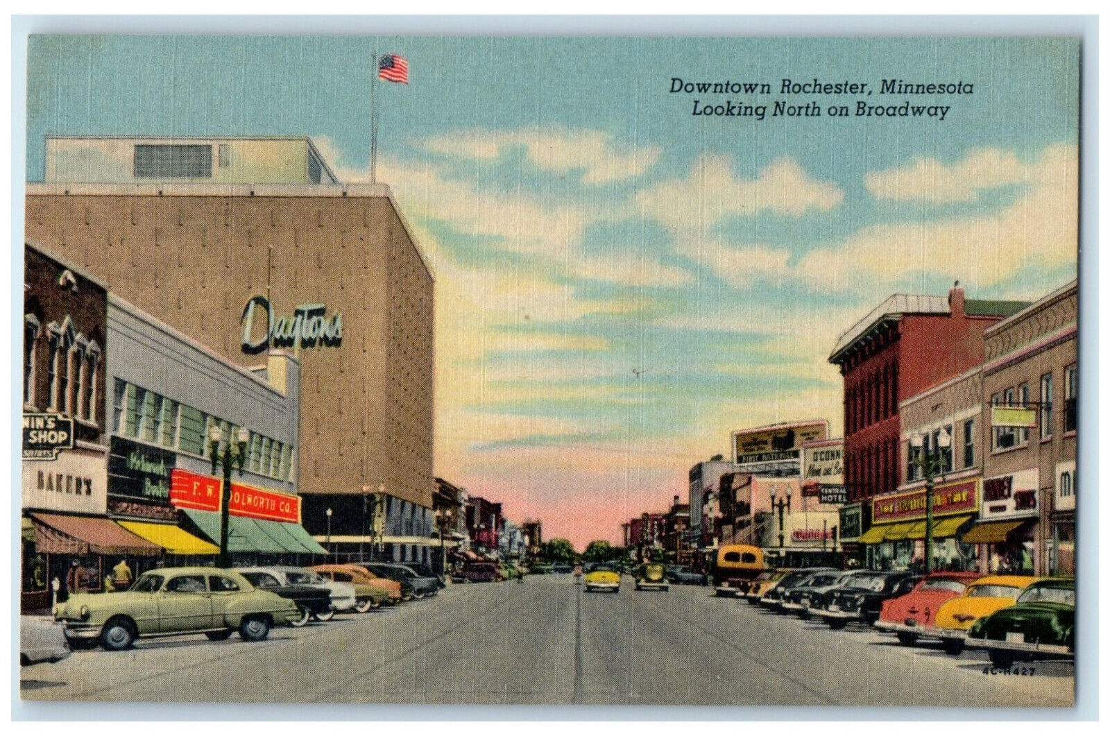 c1930\'s Looking North on Broadway Downtown Rochester Minnesota MN Postcard