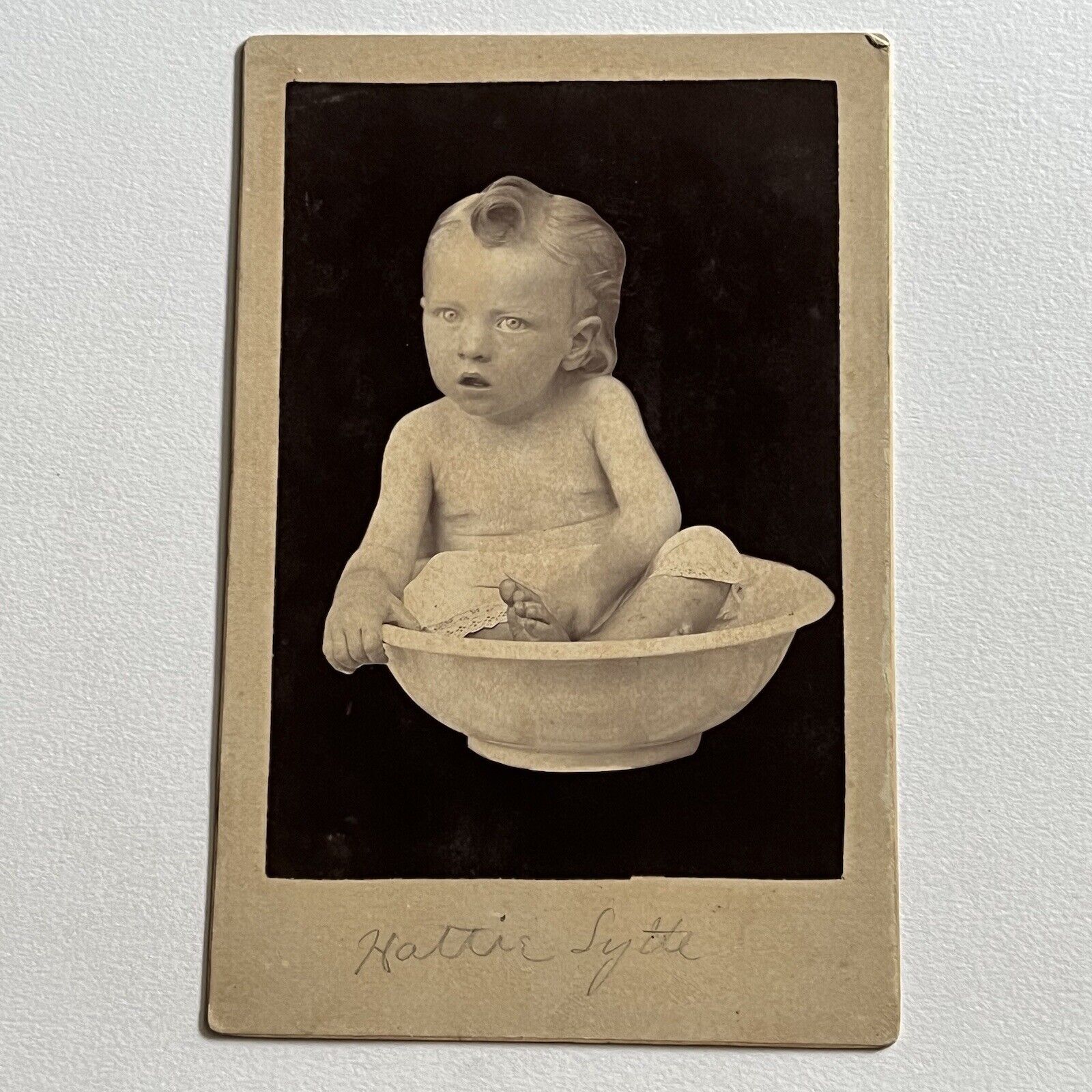 Antique Cabinet Card Photograph Adorable Boy Girl Wash Basin ID Hattie Sytte