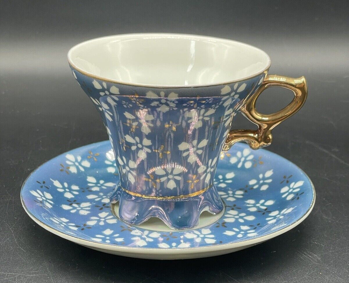 VTG Tea Cup & Saucer Japan Lusterware Iridescent Blue/Violet/Periwinkle & Gold