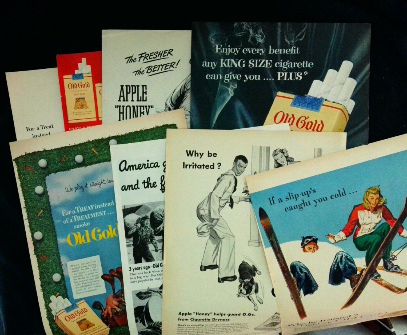 Lot of (8) Vintage Old Gold Cigarettes Print Ads 40's - 50's