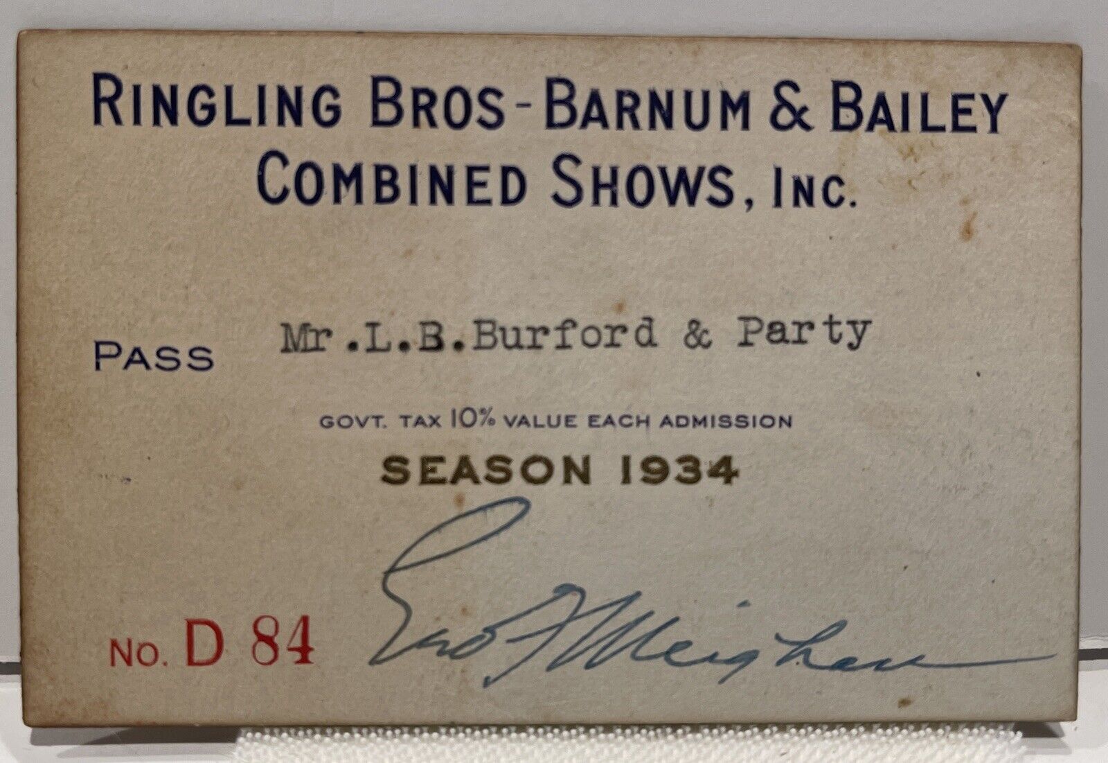 Circus Collectors 1934 Season Pass to Ringling Brothers - Barnum & Bailey Rare
