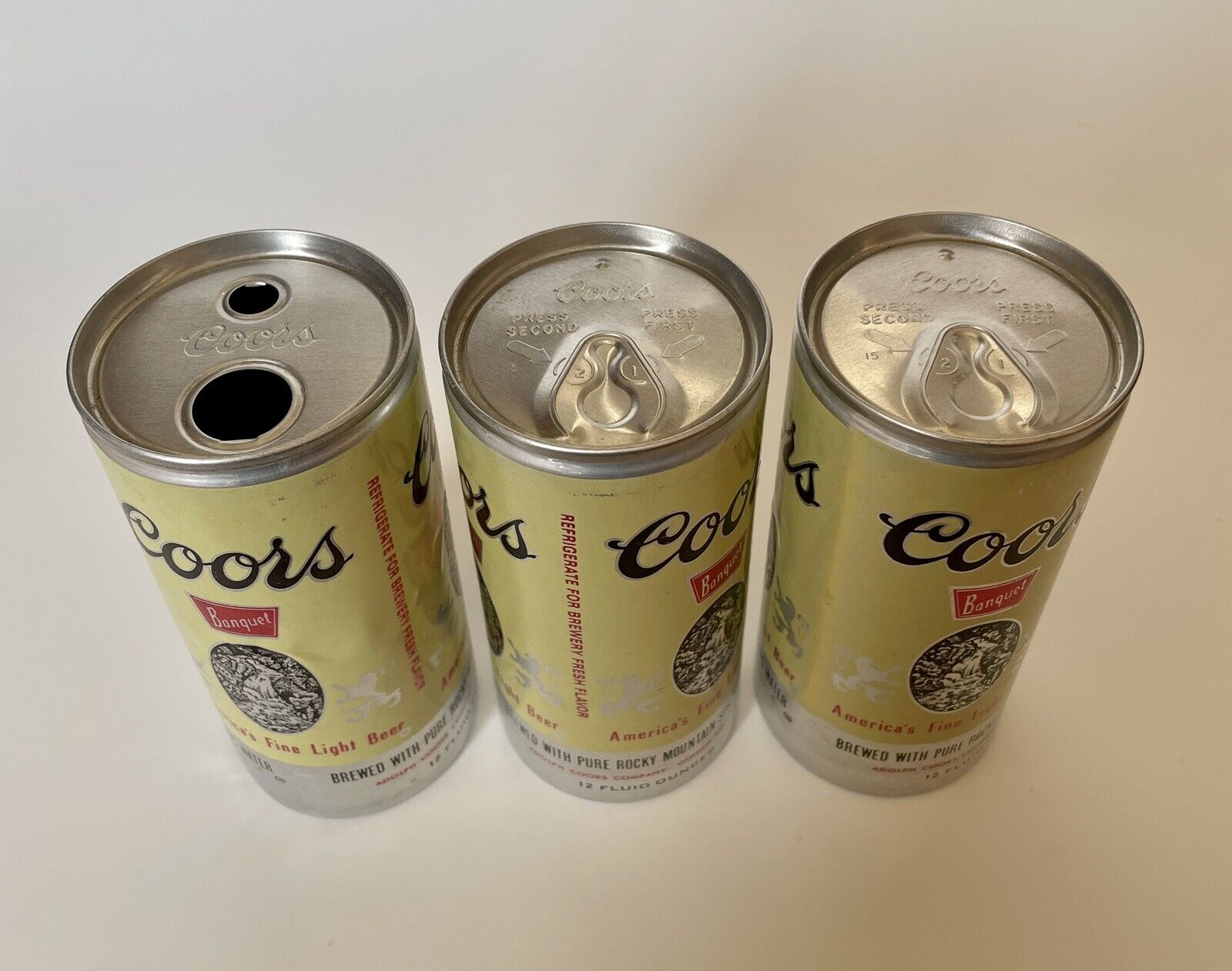 3 Vintage 1970s Coors Banquet 12oz Aluminium Beer Cans 2 Style Push Tops