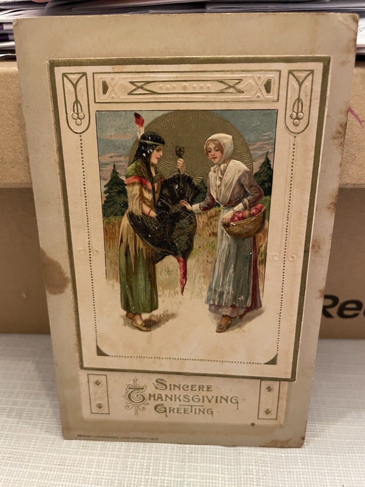 Vtg Postcard Embossed Sincere Thanksgiving Greeting Pilgrim & Indian John Winsch