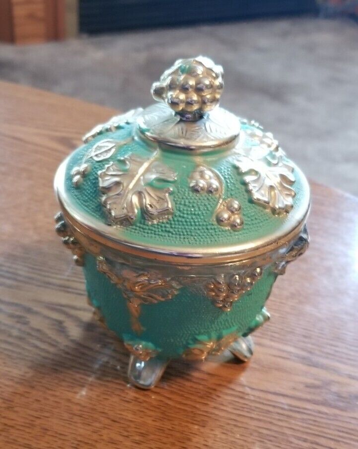 Vintage Jeanette Glass Candy Dish Gold Turquoise Footed Jar w/ Lid Grape & Leaf