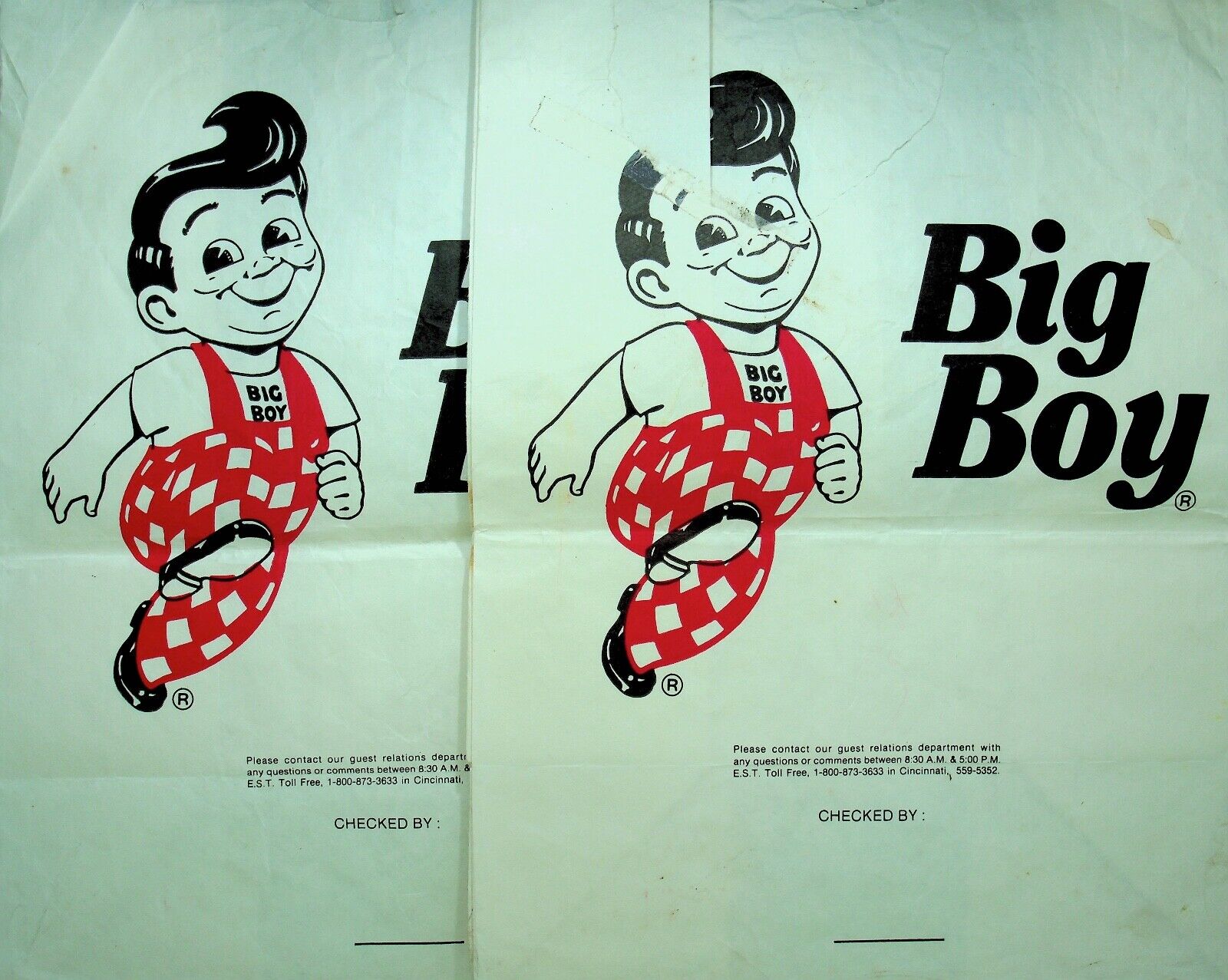 TWO 1980s Bobs Big Boy Original Restaurant  Large Food Take Out Paper Bags-E11-F