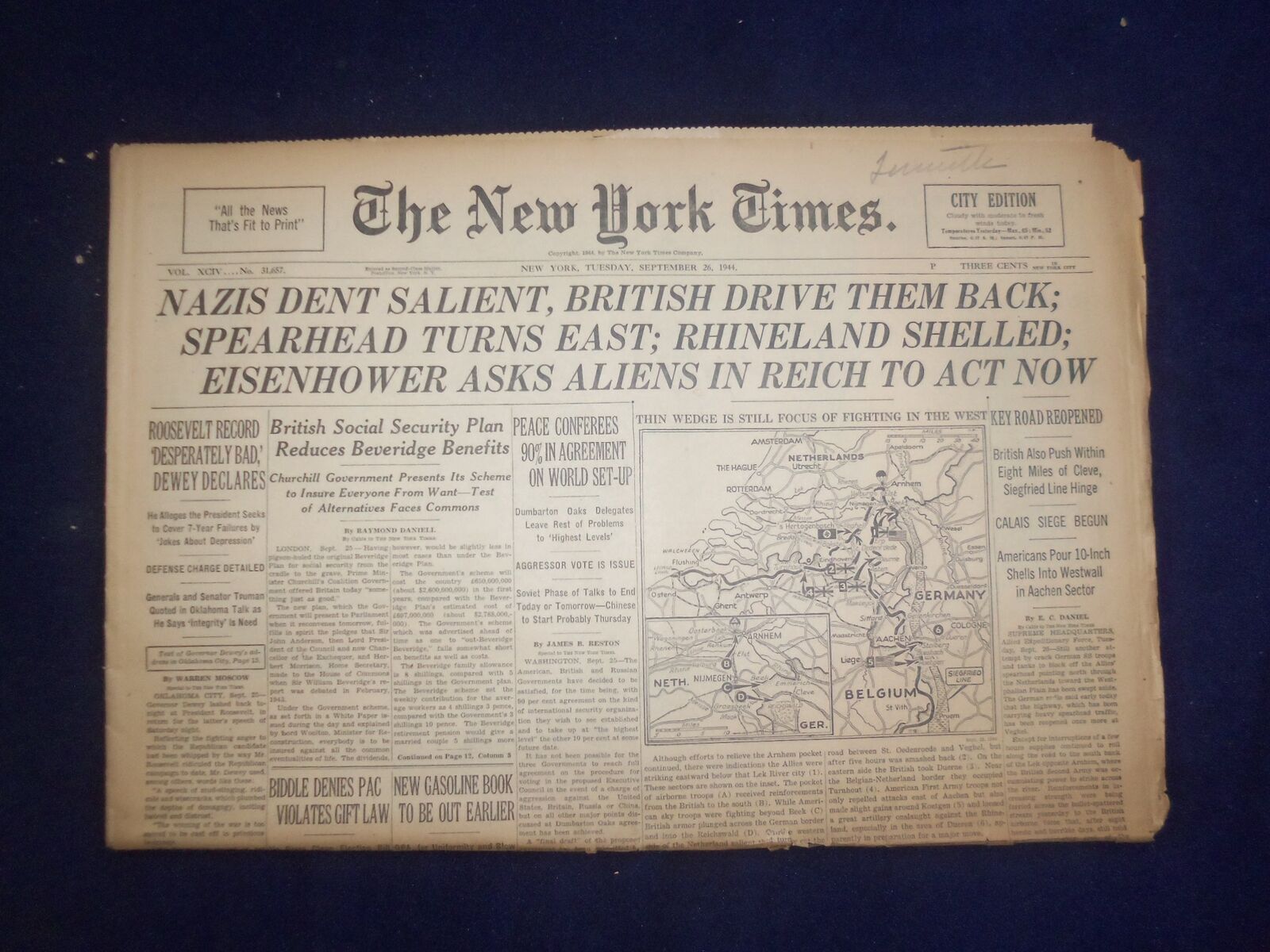1944 SEP 26 NEW YORK TIMES-NAZIS DENT SALIENT, BRITTISH DRIVE THEM BACK- NP 6632