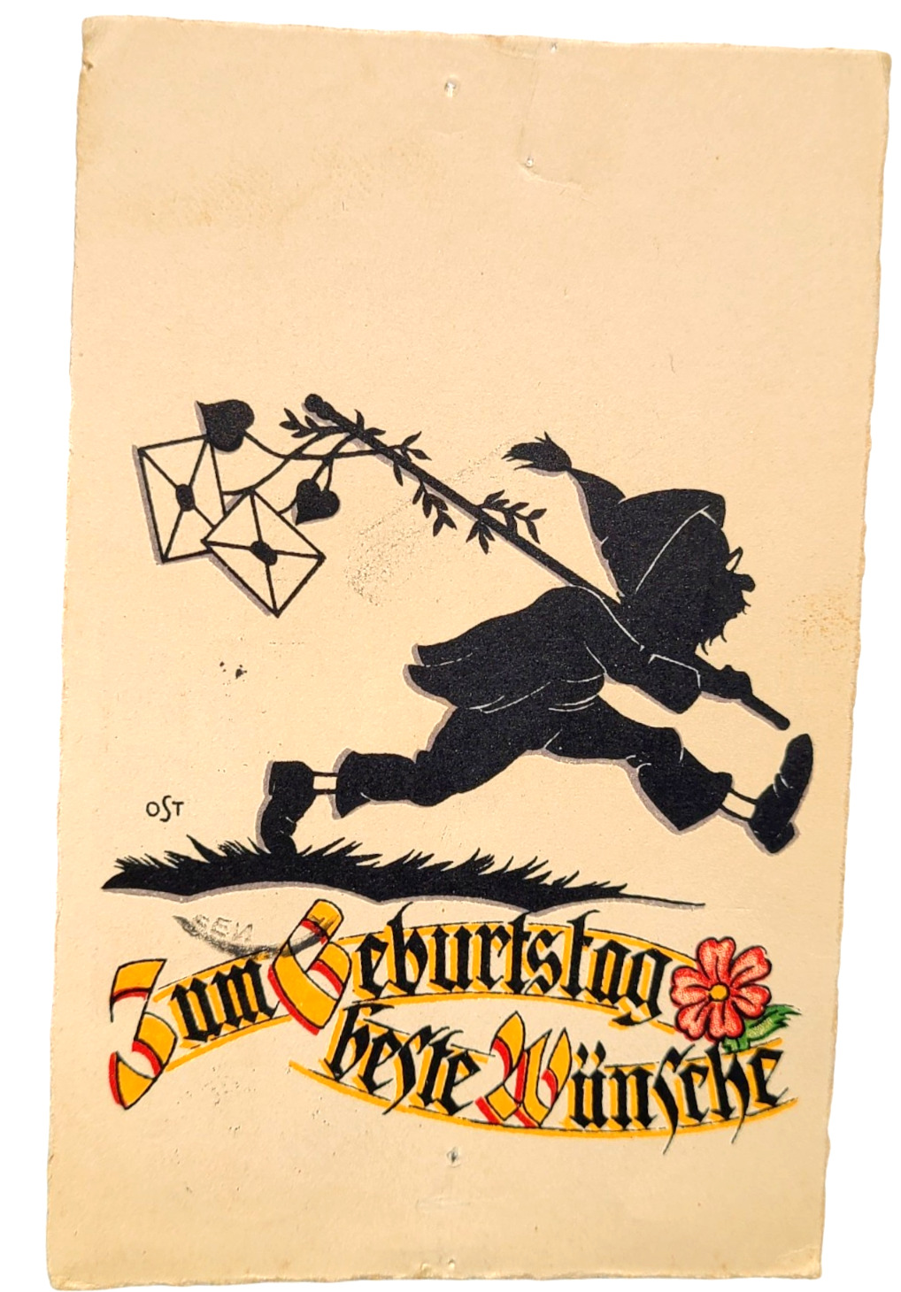 1930s Vintage GNOME ELF Fantasy German SILHOUETTE Postcard Artist-Signed Love