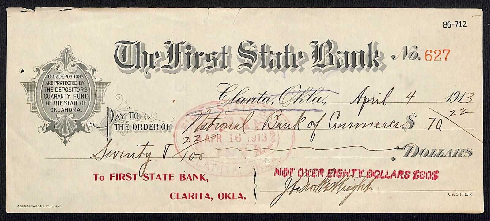 Clarita, OK 1913 First State Bank Check - Scarce