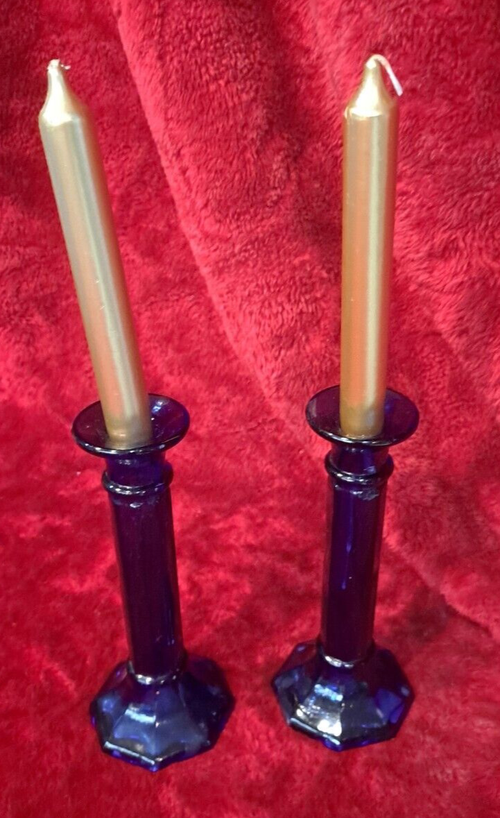 Pair Pier 1 Imports Cobalt Blue Candle Holders Candlesticks Glass Made in Spain