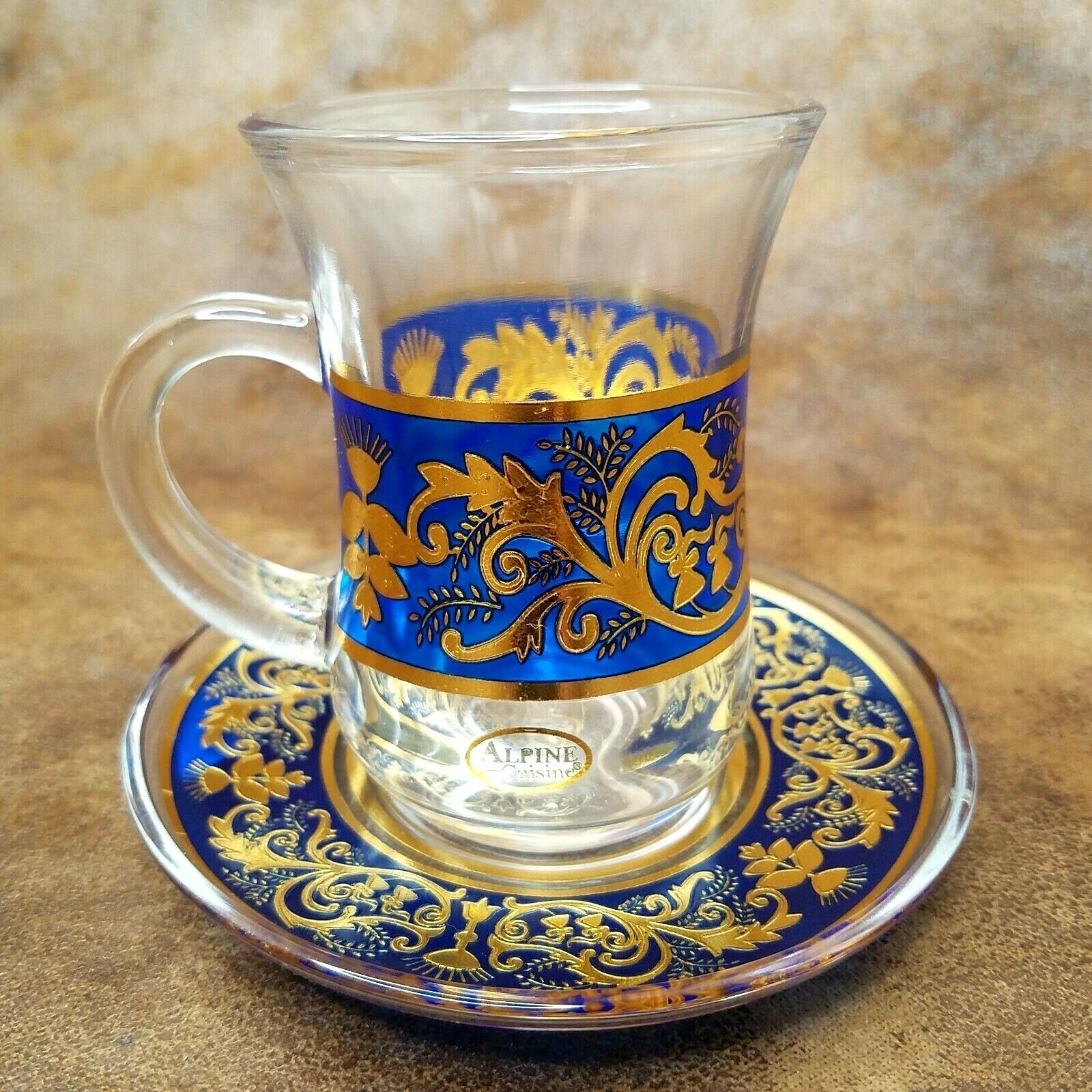 Alpine Cuisine Glass Espresso Turkish Tea Cup and Saucer Set Blue Gold