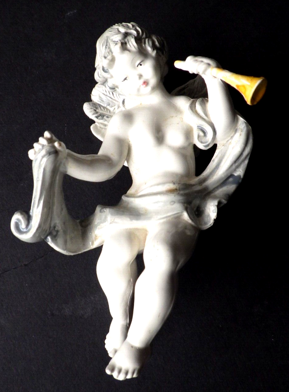 Vintage Italian Glazed Porcelain Cherub Trumpet Wall Hanging Figure 5 1/2\