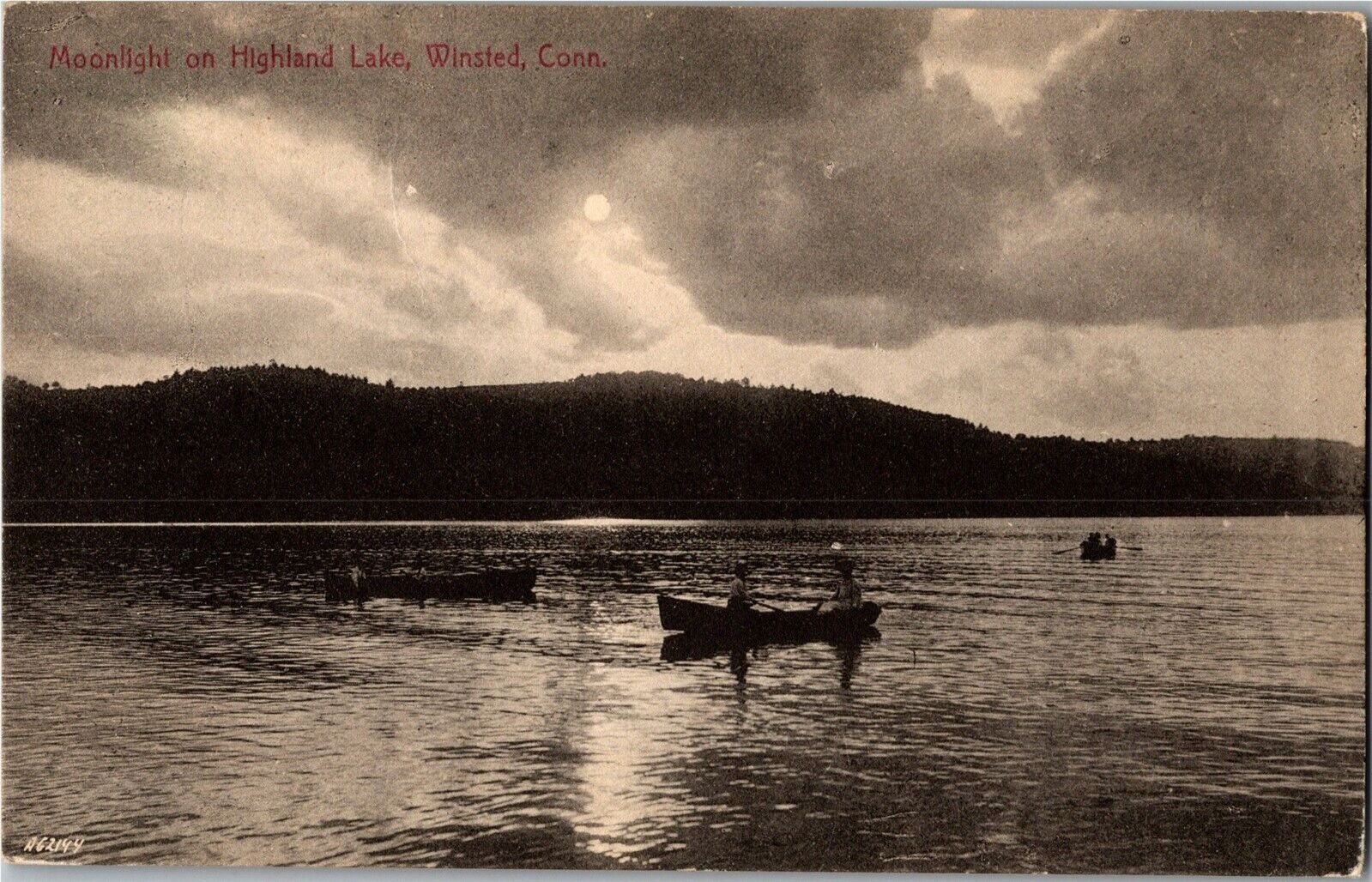 Moonlight on Highland Lake, Winsted CT Vintage Postcard W34