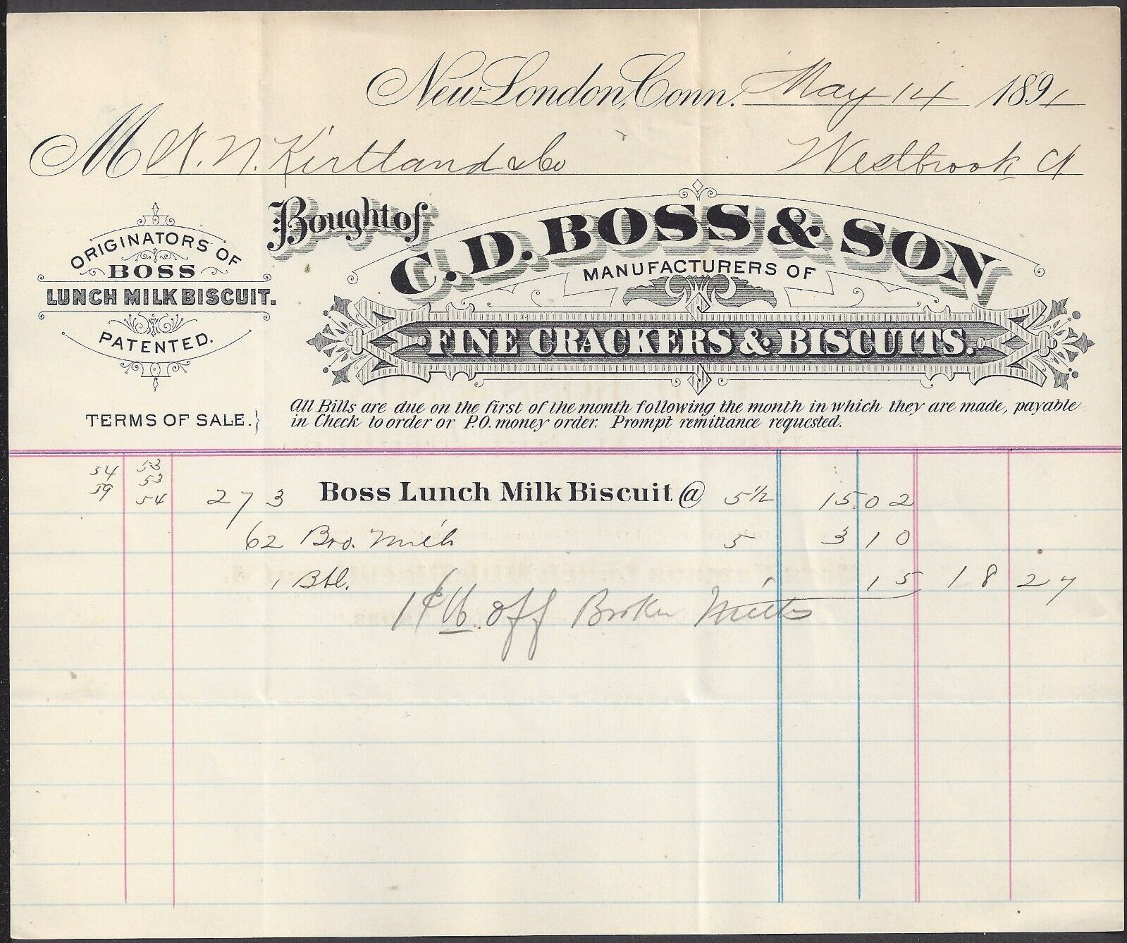 NEW LONDON, CT ~ C. D. BOSS & SON, CRACKERS & BISCUITS ~ BILLHEAD MAY 1891