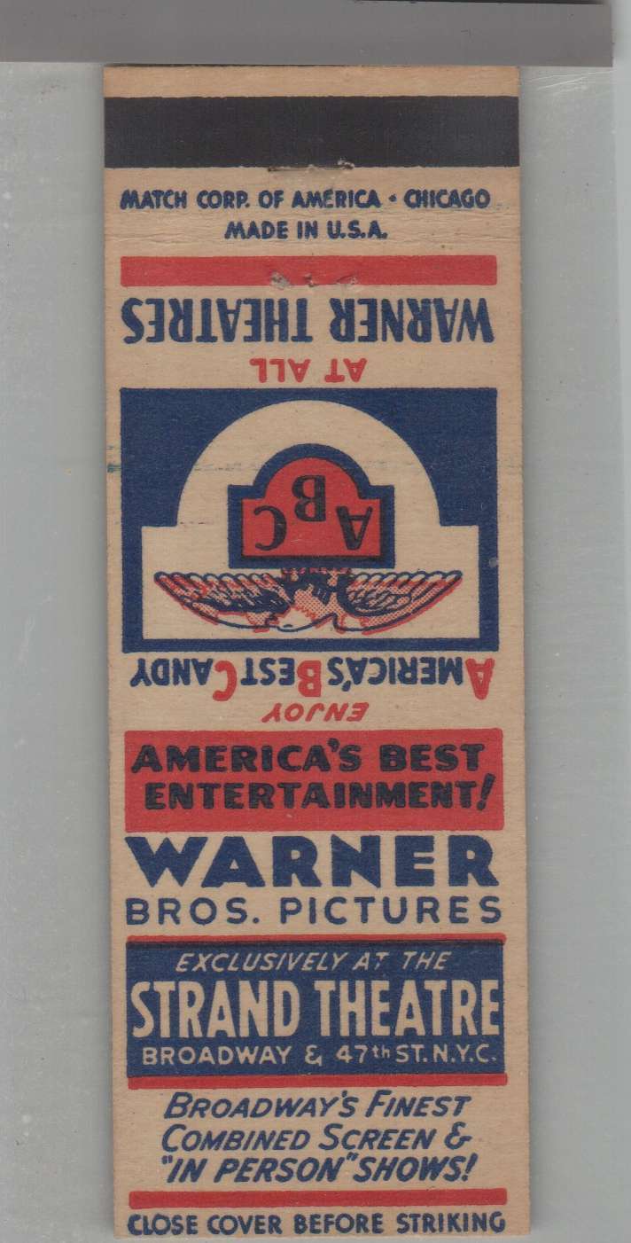 Matchbook Cover - Movie Theatre - Warner Bros. Pictures Strand Theatre NY City