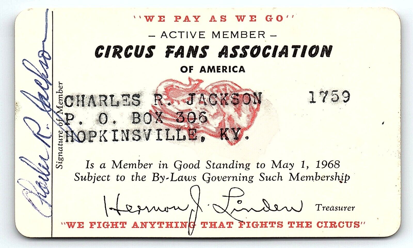 1968 CIRCUS FANS ASSOCIATION OF AMERICA CHARLES R JACKSON HOPKINSVILLE KY P5010