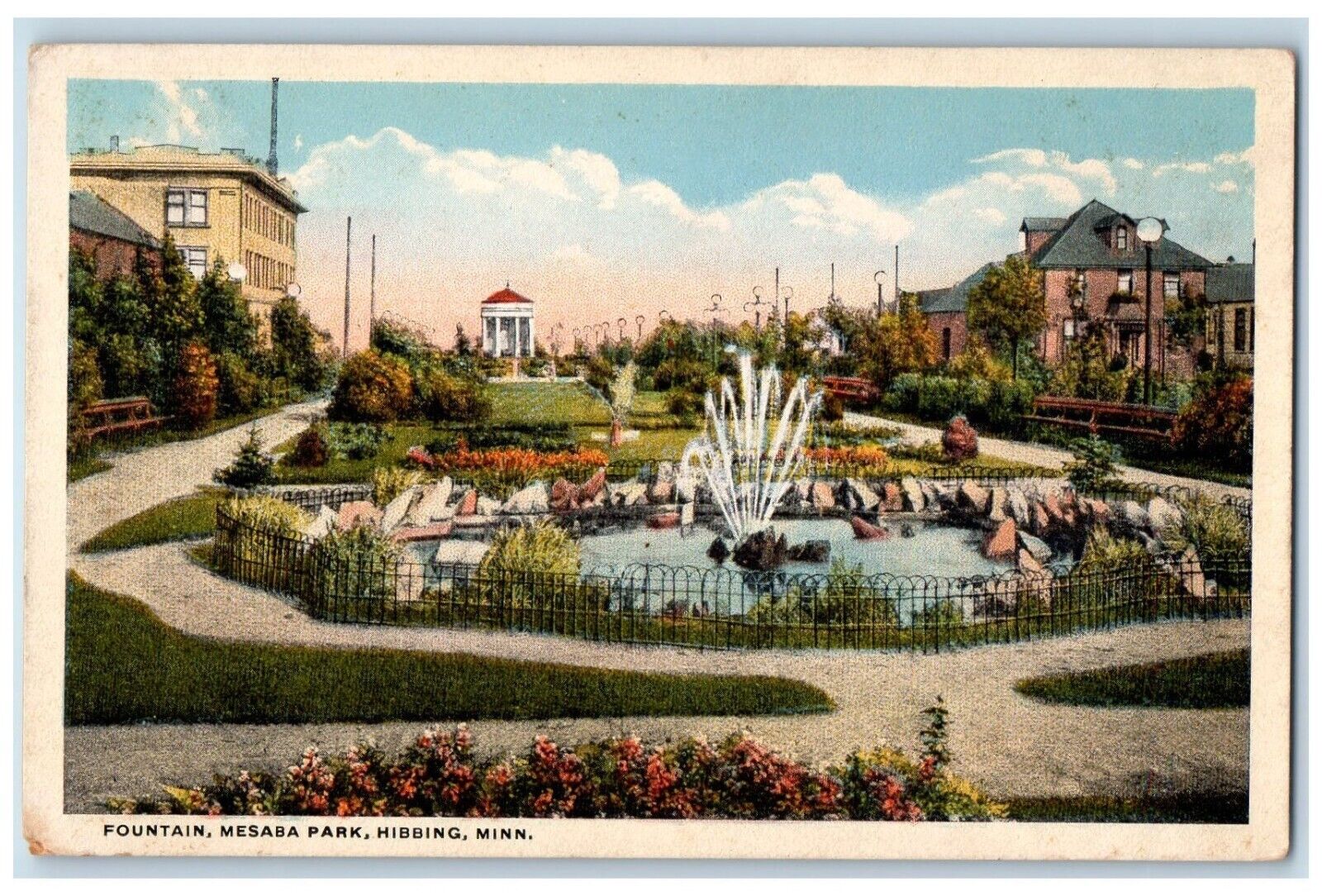 c1920 Fountain Mesaba Park Exterior Park Flower Field Hibbing Minnesota Postcard