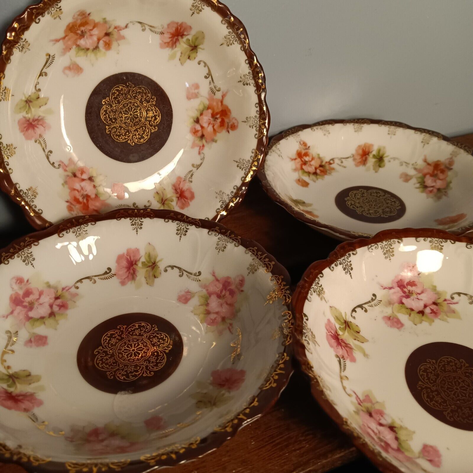 Vintage El Borgen Bowls, Set Of 4, Fine China, Pink Flowers, Gold Accents