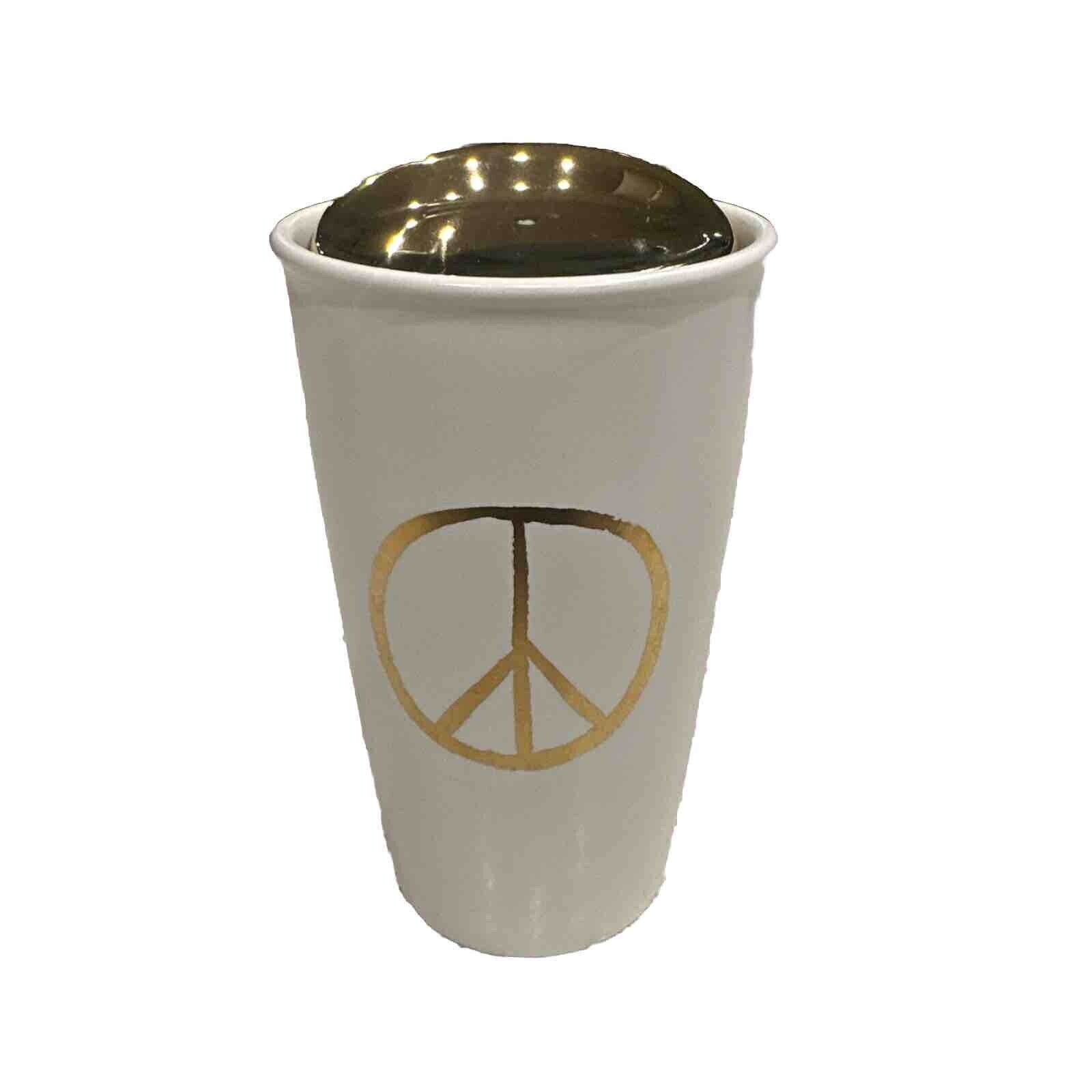 Starbucks 2015 Ceramic White Gold Peace Travel Coffee Tumbler Mug 12fl. oz.