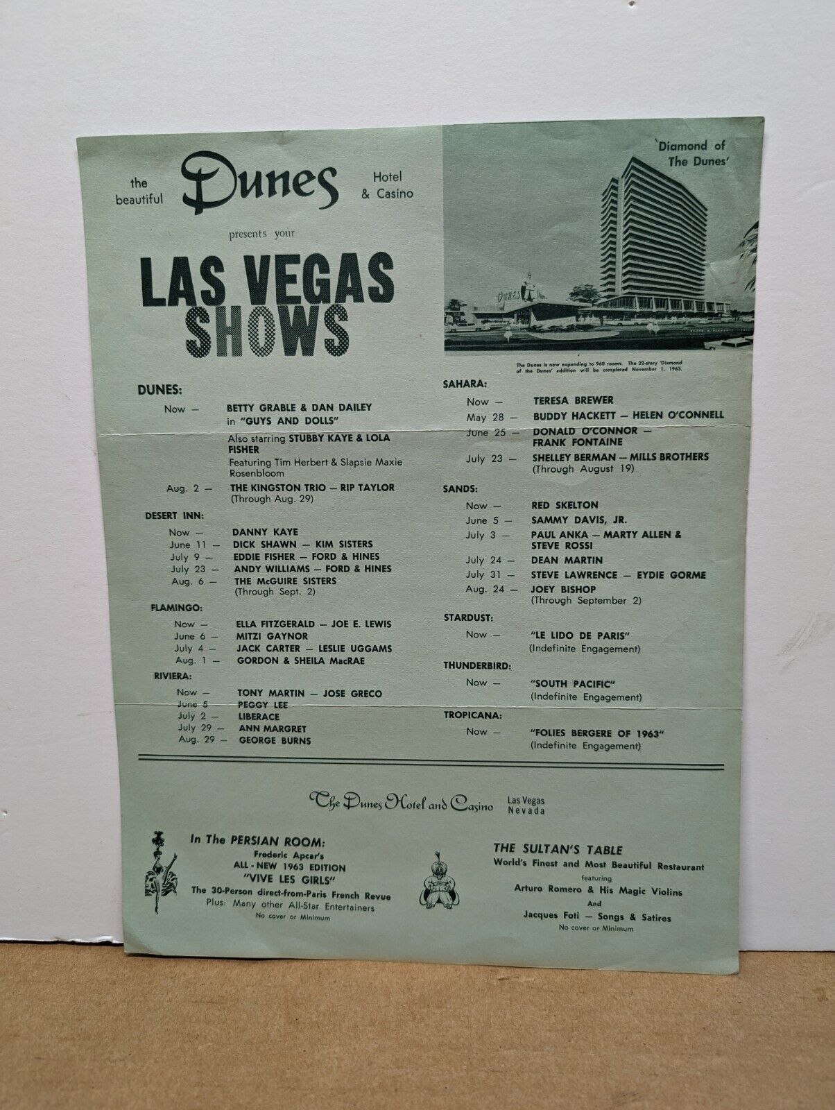 Vintage Las Vegas Shows Flyer from the early 60s