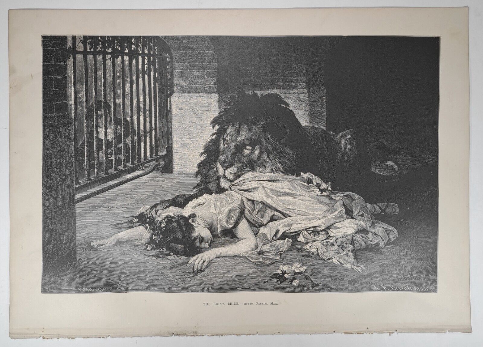 1876 Victorian Art Engraving, The Lion\'s Bride.-After Gabriel Max, Woman & Lion