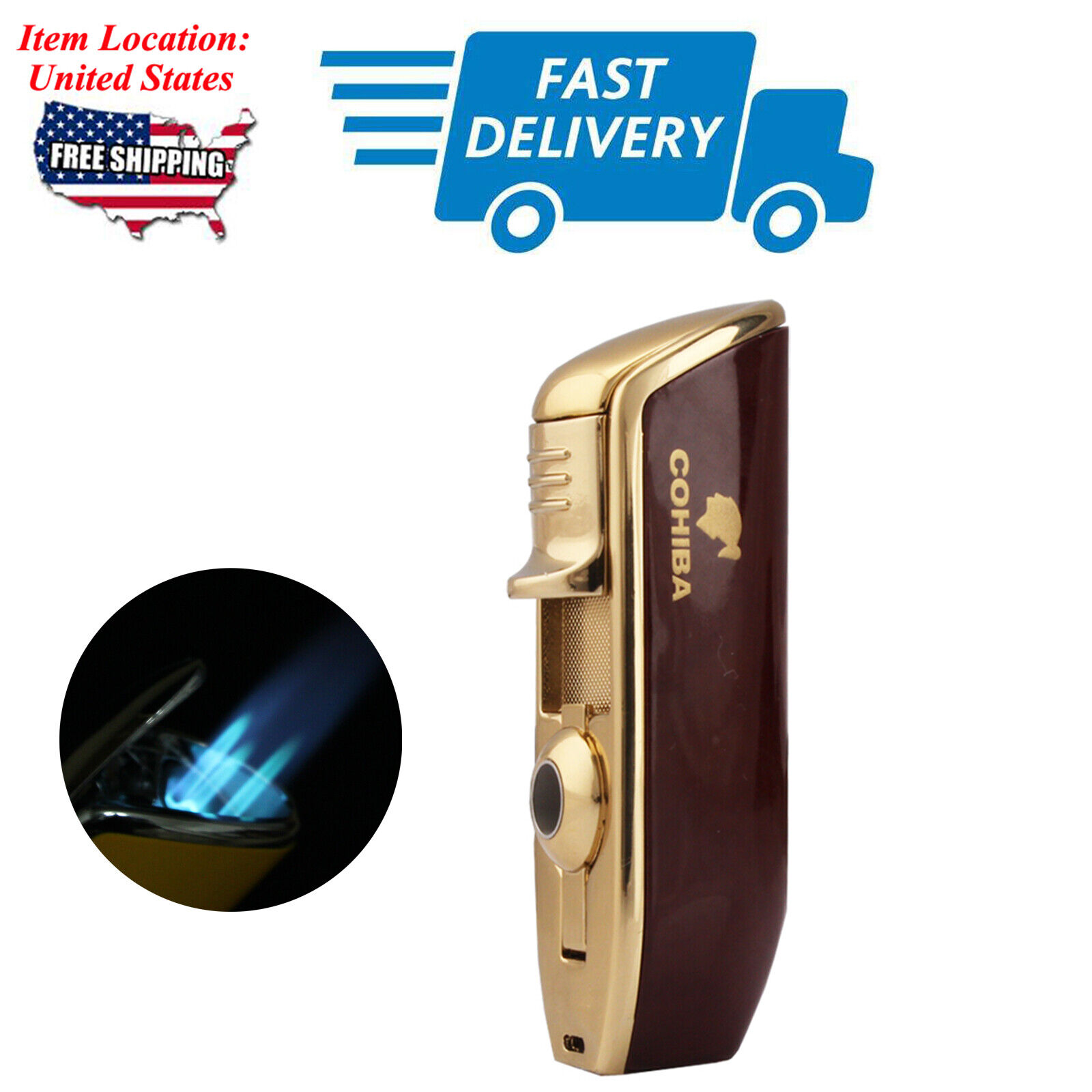 Brown Windproof 3 Jet Torch Cigar Lighter With Punch Flame Refillable Butane