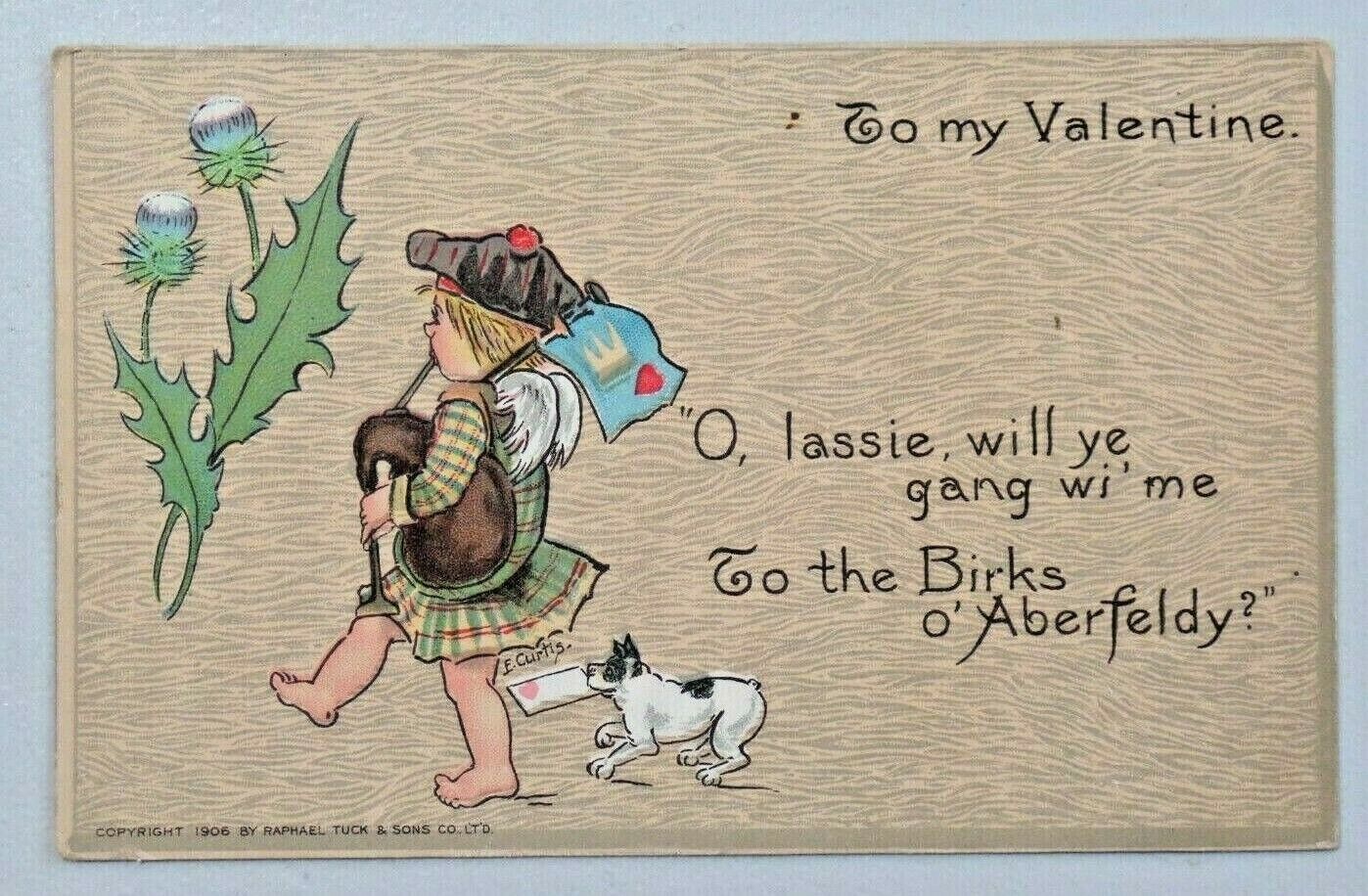 To My Valentine Bag Piper & Dog Signed E Curtis 1906 Raphael Tuck Postcard 8290
