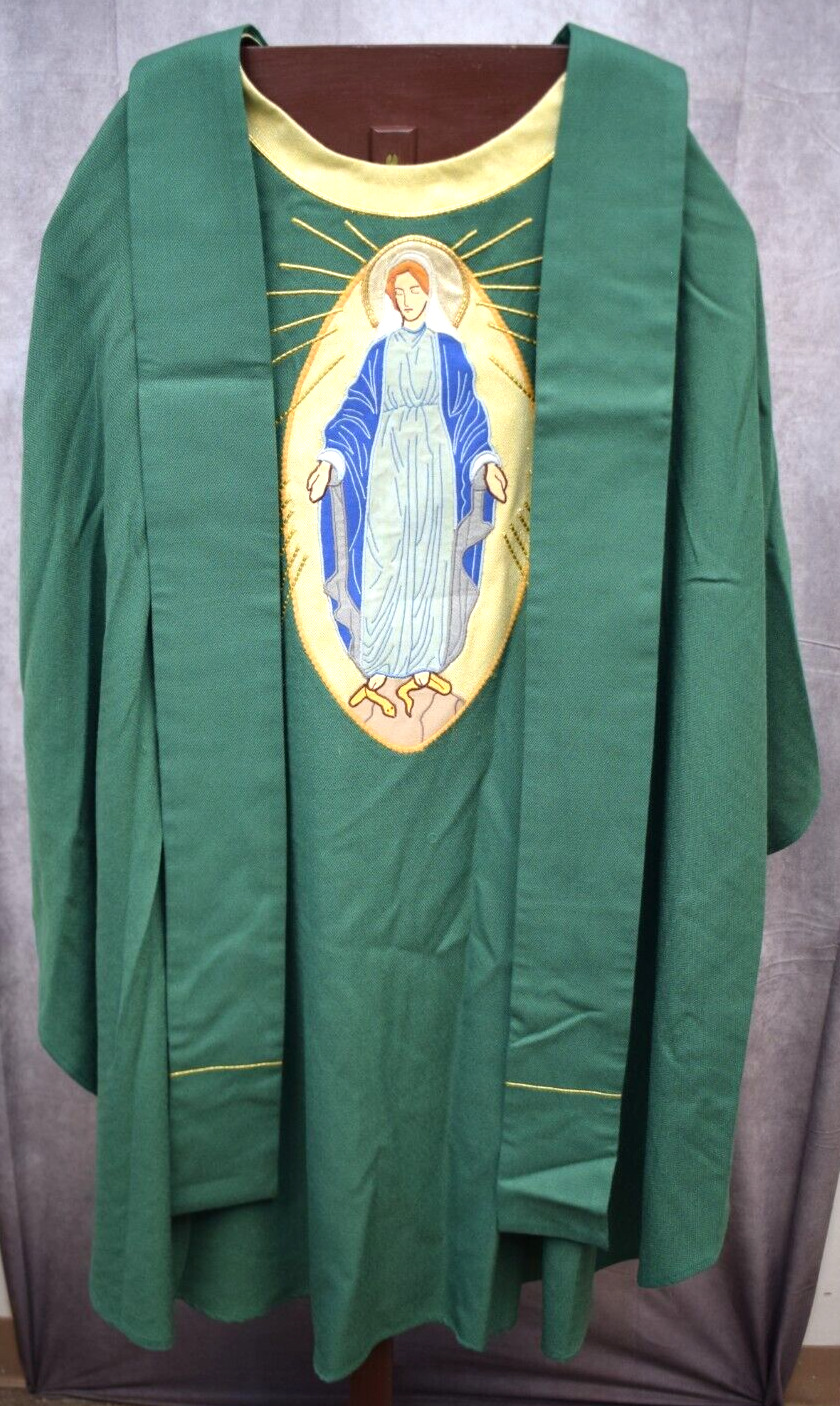 Used Green Vestment + Stole set with Mary Image. By Maison Bouvrier (CU1050)